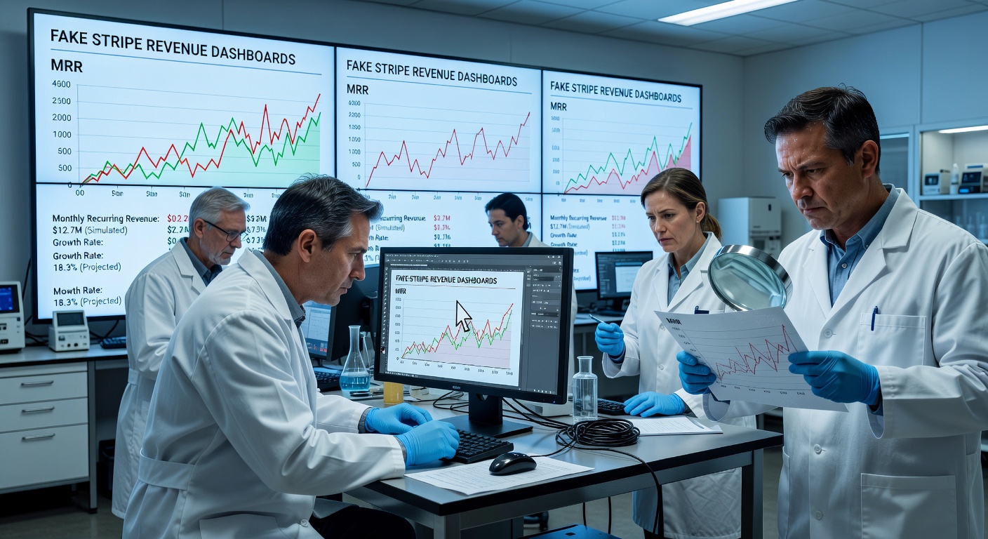 Un laboratoire scientifique où des personnes en blouse blanche retouchent des tableaux de bord Stripe sur de grands écrans